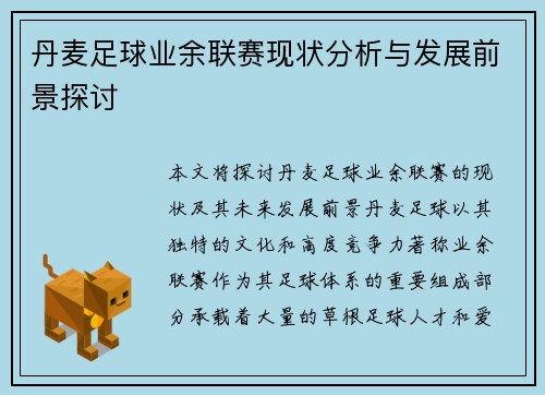 丹麦足球业余联赛现状分析与发展前景探讨